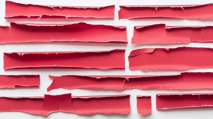 Canvas Print - Assorted ripped strips of red paper, each with distinctly frayed edges, arranged in a random pattern and isolated on a white background.