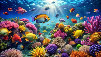 A vibrant underwater scene showcasing colorful fish and diverse corals in a tranquil aquatic setting, highlighting the beauty of marine life.