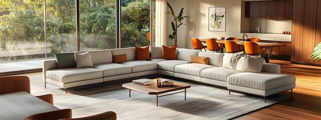 Wall Mural - Stylish and sophisticated contemporary living area boasting a plush L shaped sectional sofa and elegant accents showcasing mid century modern design visual fidelity