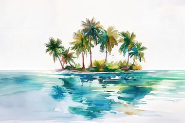 A painting of a tropical island with palm trees and a body of water, generative ai image