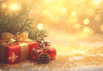 Wall Mural - christmas gift with red balls and pine cones on golden glitter background