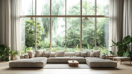 Wall Mural - Cozy and inviting modern living room with a large comfortable sectional sofa minimalist stylish decor high ceilings and floor to ceiling windows overlooking a lush garden