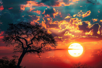 A tree is silhouetted against a beautiful sunset sky