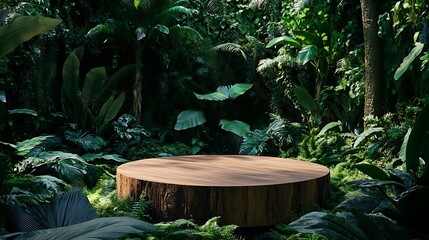 Wall Mural - A serene wooden platform surrounded by lush tropical foliage in a vibrant green forest.