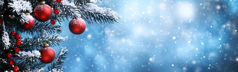 Wall Mural - snowy christmas tree branch with red ornaments