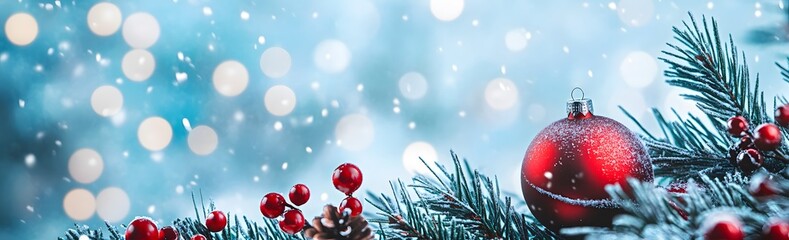 Wall Mural - christmas ornament banner with blue bokeh