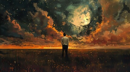 Wall Mural - Man Gazing at the Cosmic Sky - A Dreamy Landscape Painting