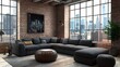 © Boss Architectura  - Cozy and Stylish Loft Living Room with Stunning City Skyline View  Spacious and open concept design featuring a large comfortable sectional sofa exposed brick walls