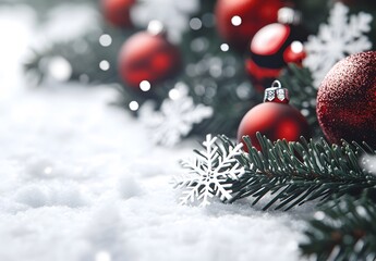 Wall Mural - red christmas ornaments on snowy evergreen branch
