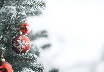 Wall Mural - snowy christmas tree branch with red ornaments