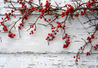 Christmas Berries on White Wood Background