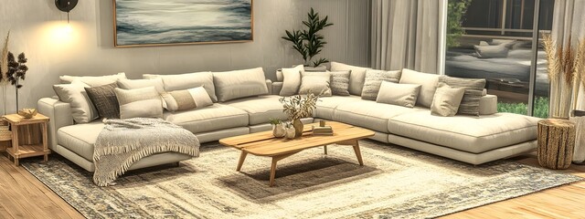 Wall Mural - Cozy and Inviting Modern Living Room with Plush Sectional Sofa Natural Wood Furnishings and Minimalist Scandinavian Inspired Decor