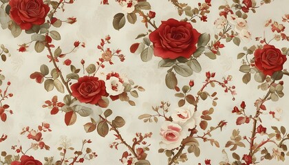 Vintage floral embroidered wallpaper design featuring red and white ornate patterns with roses