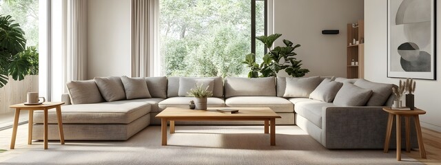 Wall Mural - Cozy and inviting modern living room featuring a spacious L shaped sectional sofa in a linen blend minimalist wooden coffee and side tables and large windows allowing for ample natural light