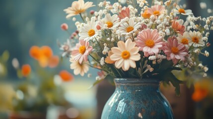 A close-up of a beautifully crafted ceramic vase filled with fresh flowers.