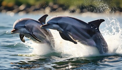 Dolphins gracefully leaping from ocean waves under warm sunlight