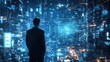 © kudesniza - Businessman in a suit observing a digital cityscape during nighttime in a futuristic setting