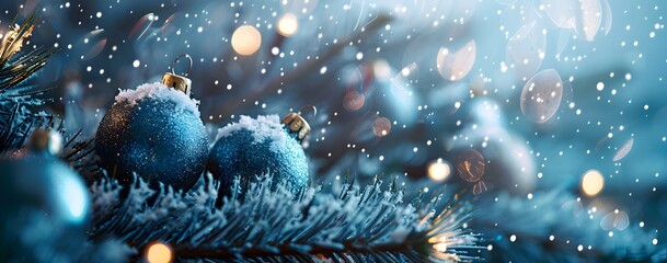 Wall Mural - blue christmas ornaments with snow & lights