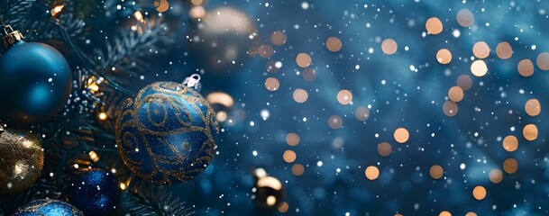 Wall Mural - blue christmas ornaments with snowfall and lights