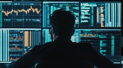 Poster - data analyst monitoring real-time stock market trends at a trading desk with multiple screens in a h