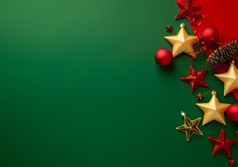 Wall Mural - christmas decorations on green background with copy space