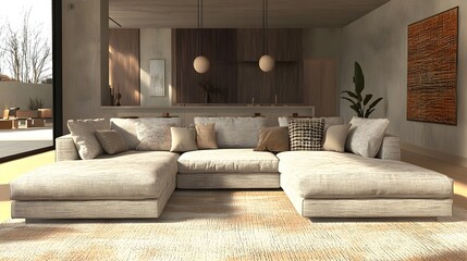 Wall Mural - Inviting and relaxing modern living room with a large plush sectional sofa and a minimalist contemporary aesthetic  The neutral colored textiles add a cozy touch to the open airy space