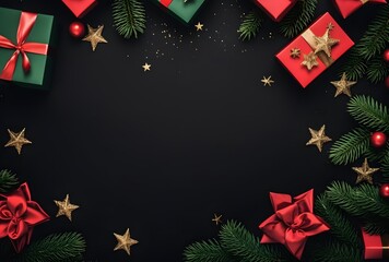 Wall Mural - christmas festive frame with gifts, pine & stars
