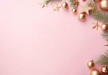 pink pastel christmas background with golden ornaments
