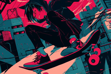 Dynamic Urban Anime Skateboarder in MidAir Trick Over Cityscape at Sunset