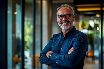 A smiling, confident businessman with arms crossed, standing in a modern office.