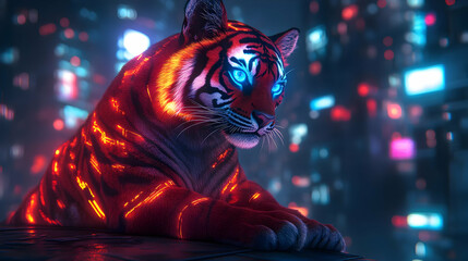 Wall Mural - Neon Tiger Illustration in Futuristic City