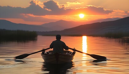 Serene sunset rowing on a tranquil lake