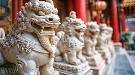 A detailed view of a Chinese zodiac sculpture in a temple courtyard, with each animal carefully carved in stone,