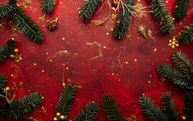 Wall Mural - red christmas background with pine branches and golden lights