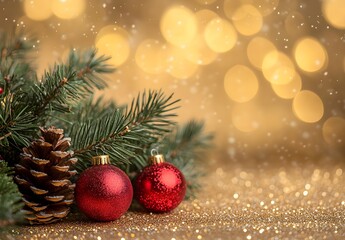Wall Mural - christmas red baubles with pine cone and fir branches on golden background