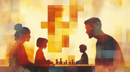 Multiracial family silhouette enjoying chess game indoors concept of bonding and family time