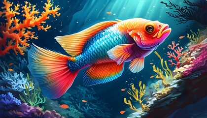 Vibrant Underwater Reef: Artistic Illustration of Colorful Fish and Coral in a Beautiful Marine Scene