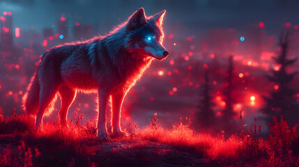 Wall Mural - Wolf with glowing blue eyes in a red light illustration