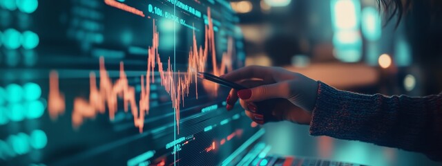 Poster - analyzing data trends on a digital display with a stylus pen in a modern office environment during n