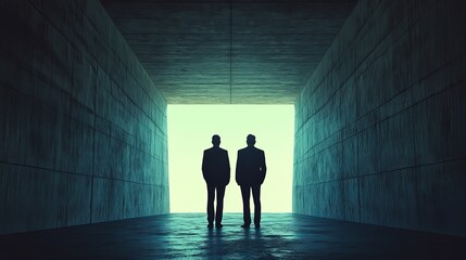 Wall Mural - Two men are walking through a tunnel