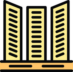 Poster - Simple vector icon of three skyscrapers standing on a concrete foundation, representing a modern cityscape