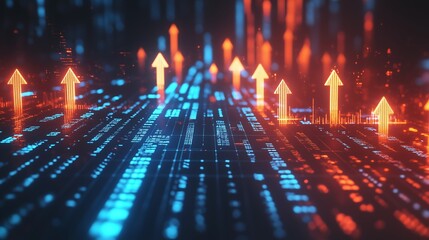 Poster - Dynamic digital data flow with upward trends and glowing arrows illustrating growth in technology