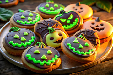 A plate of Halloween cookies with green and purple icing. The cookies are decorated with spooky faces and are arranged in a row