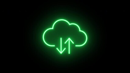 Poster - Neon cloud icon animation, flickering emergence and fading. Glowing neon cloud storage with arrows, looped animation. Cloud space and technology, data backup, file repository. Yellow, green, orange