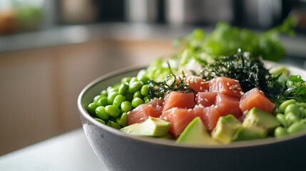 Close up of a Poke bowl with tuna, avocado, edamame, and seaweed.