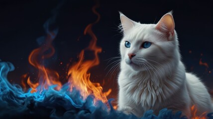 Poster - White Cat in a Sea of Flames