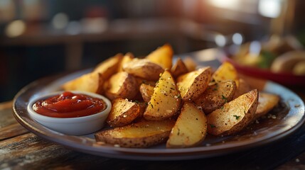 Close up of crispy potato wedges with ketchup on a brown plate.