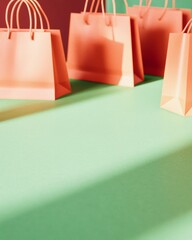 Poster - Bright Green Surface with Blurred Orange Shopping Bags - Ideal for Product Display Montage in Lively Retail Setting