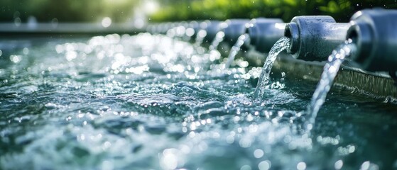 close-up view of multiple water pipes releasing clean, fresh water into a large pool.