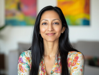 Portrait of a beautiful, smiling Indian woman wearing a floral blouse and with long black hair, sitting in a bright, modern living room with colorful paintings on the wall